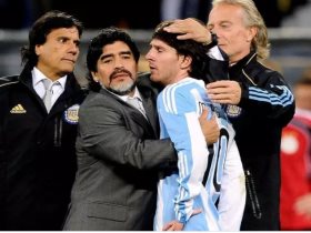مارادونا مدرب الأرجنتين يحتضن "خليفته" ليونيل ميسي بعد الهزيمة أمام ألمانيا في ربع نهائي كأس العالم 2010.